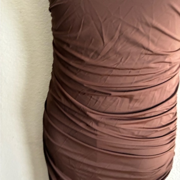 Zara Chocolate Strapless Ruched Stretch Jersey Dress L - Picture 3 of 11